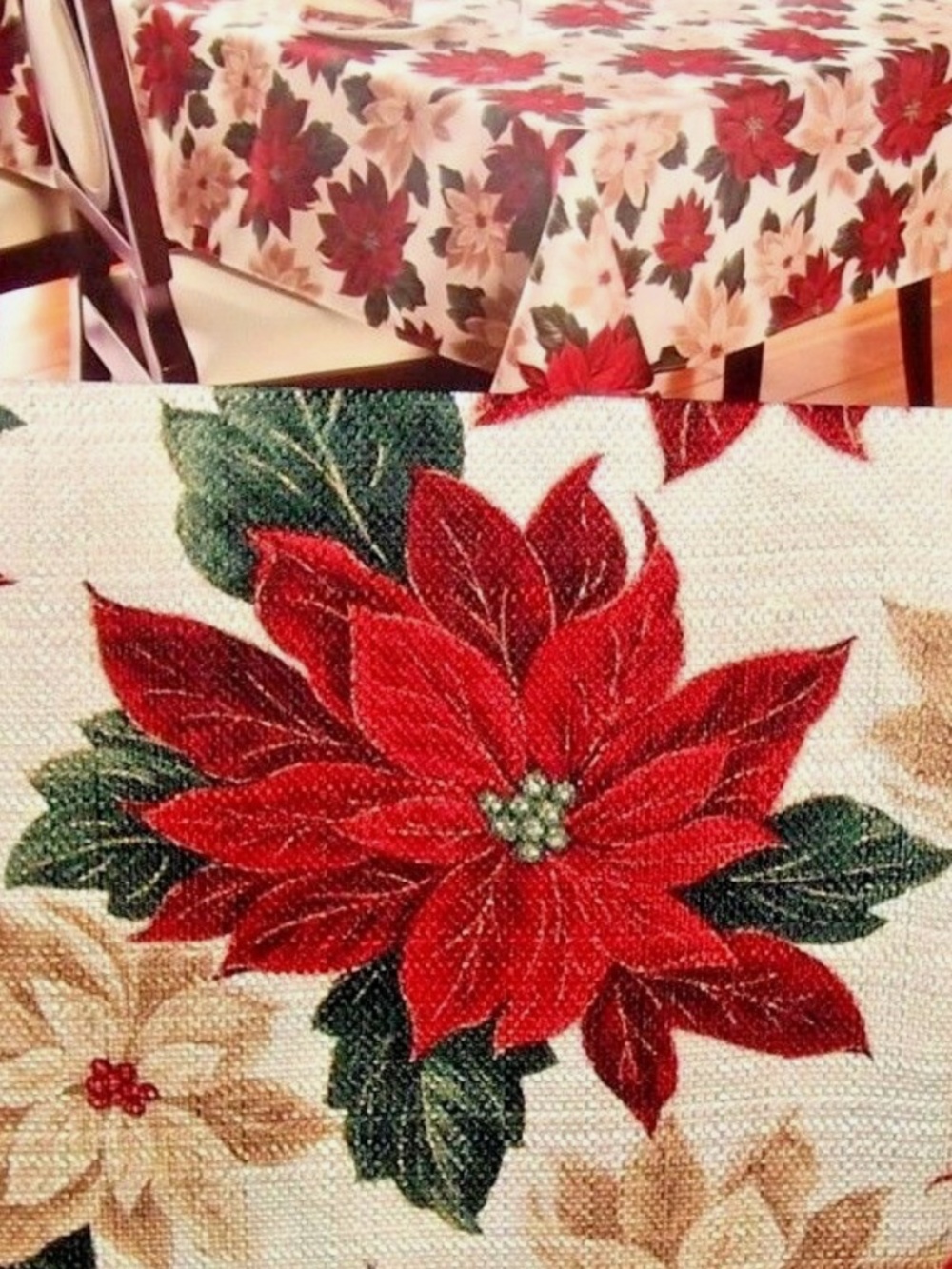 Tablecloth Christmas Red Green Gold Natural Tan Floral Poinsettia 60" x 84" NEW